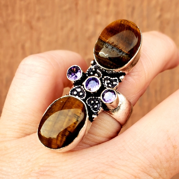 New Stunning Oversized Tiger Eye and Amethyst 925 Silver Statement Ring. - Picture 2 of 16